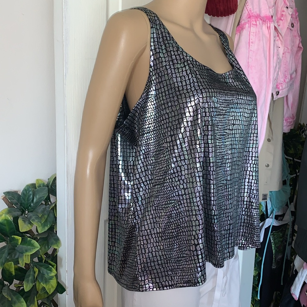 Vintage 80s Shiny slinky metallic silver iridescent reptile scoop tank top L